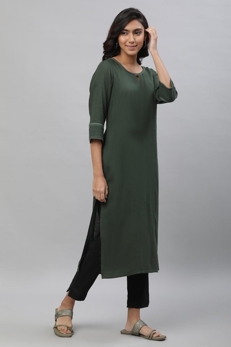 Aurelia Green Yarn Dyed Straight Kurta (Size: L)-24AUA12231-703448 - Image 5
