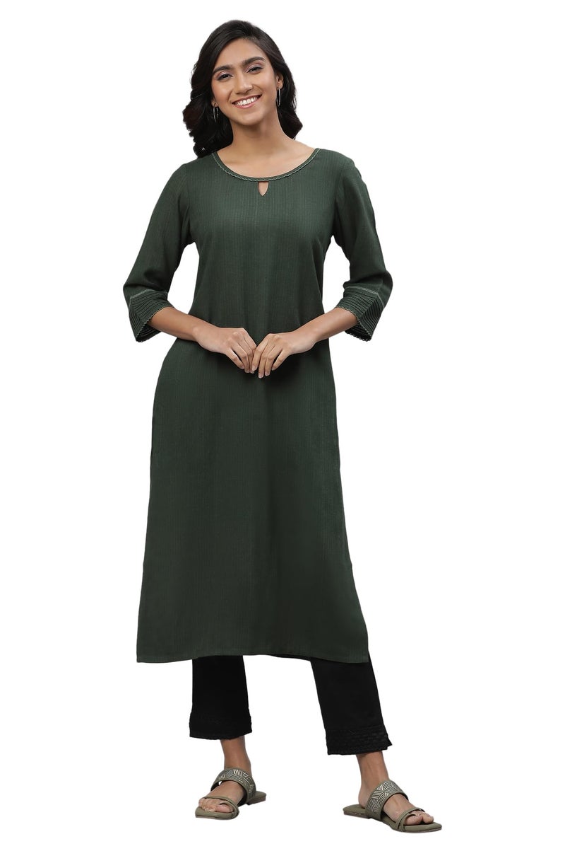Aurelia Green Yarn Dyed Straight Kurta (Size: L)-24AUA12231-703448 - Image 1