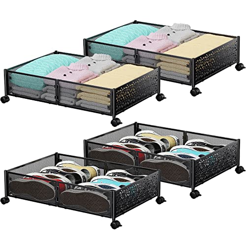 Under Bed Storage Under the Bed Storage Containers with Wheels Under Bed Shoe Storage Organizer Drawer for Bedroom Clothes Shoes Blankets 4Pack