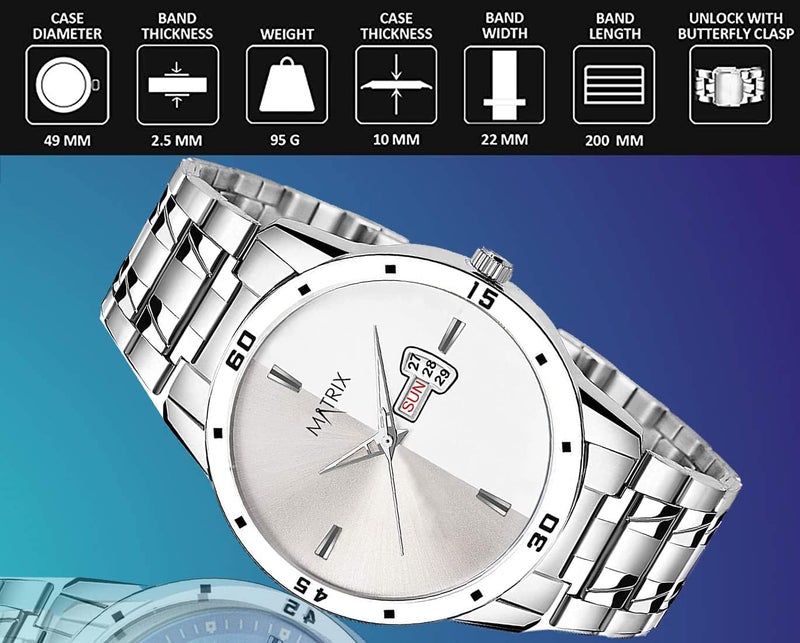 ماتريكس ساعة ماتريكس دي آند ديت أنالوج للرجال والأولاد (أسود)، فضي، حزام - Image 2