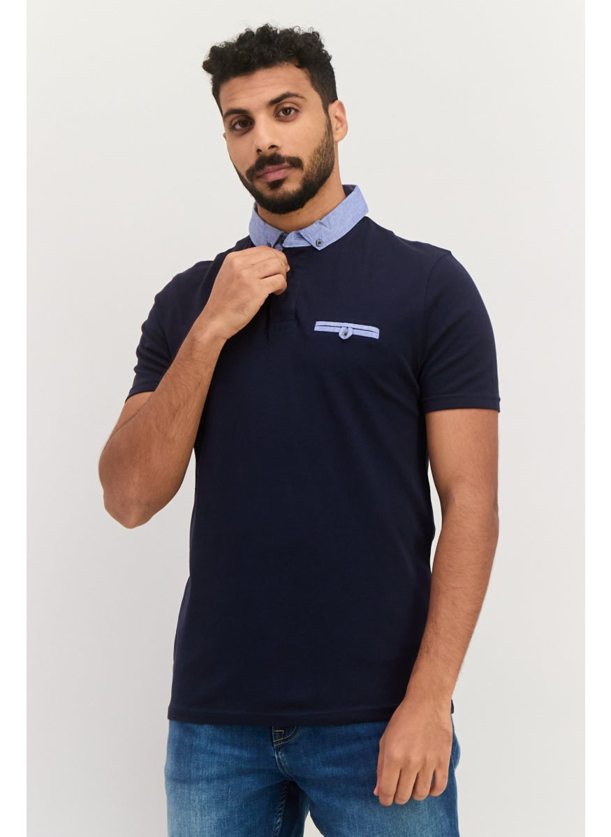 Jules Men Slim Fit Plain Short Sleeves Front Pocket Polo, Navy  - Image 1