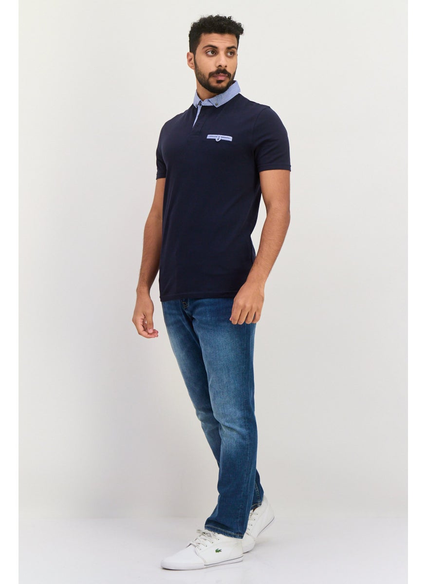 Jules Men Slim Fit Plain Short Sleeves Front Pocket Polo, Navy  - Image 4