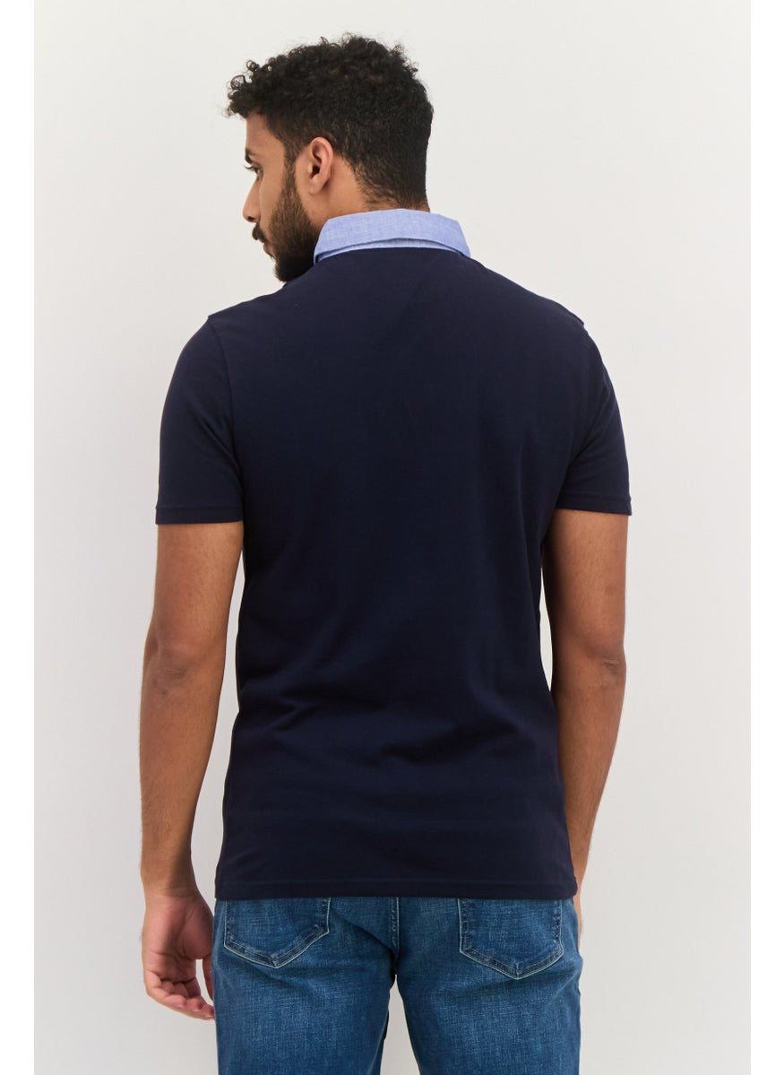Jules Men Slim Fit Plain Short Sleeves Front Pocket Polo, Navy  - Image 3