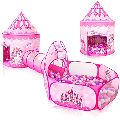 PigPigPen 3pc Kids Play Tent for Girls with Ball Pit Crawl Tunnel Princess Tents for Toddlers Baby Space World Playhouse Toys 3PC Princess Dream Tent - Image 1