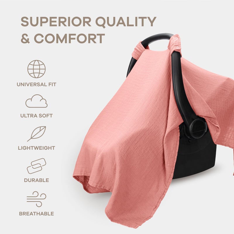 Comfy Cubs Baby Car Seat Cover - Soft, Breathable Bamboo Rayon and Muslin Cotton Blend - Lightweight Canopy for Sun, Bug, and Comfort Protection - Large Size Infant Seat Cover in Dusty Rose Design - Image 3