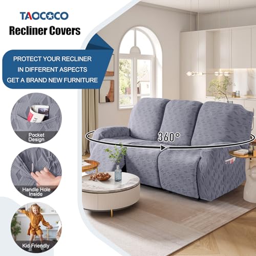 TAOCOCO Recliner Sofa Covers Stretch Reclining Couch Cover, Jacquard Recliner Couch Cover for 3 Seat Furniture Protector Sofa Slipcovers with Elastic Bottom for Kids, Pets (Grey) - Image 4