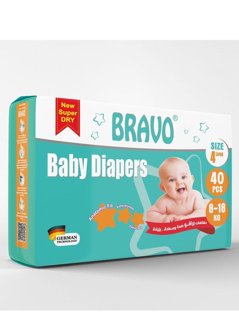 برافو حفاضات أطفال مقاس 4 كبير من 8ك إلى 18ك- 40 قطعة