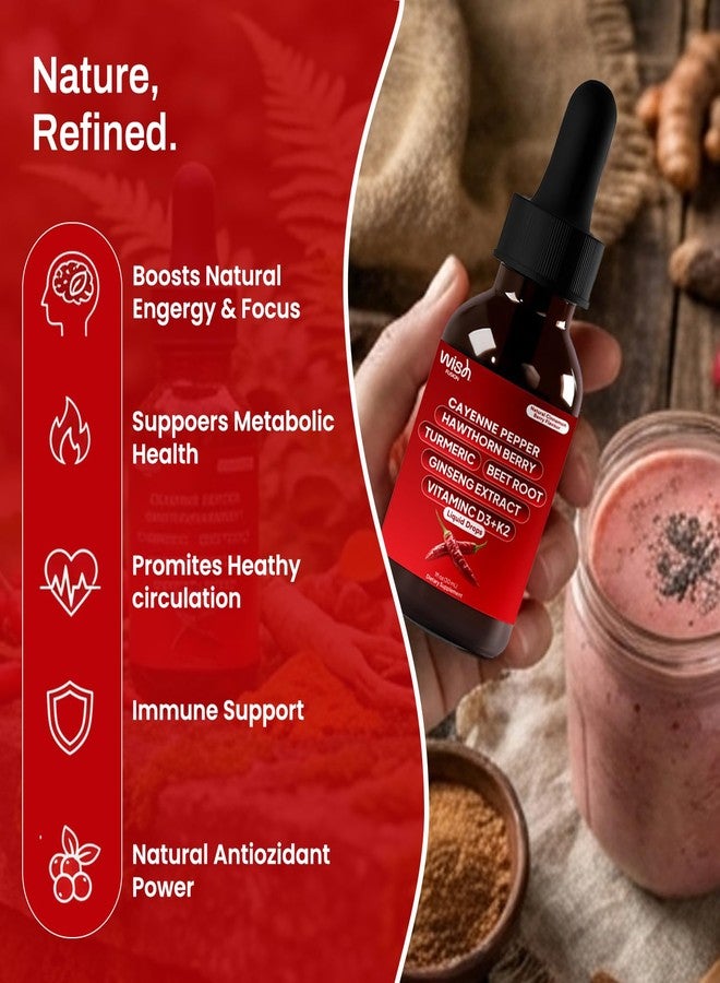 Wish Fusion قطرات فلفل كايين من ويش فيوجن مع توت الزعرور والكركم وجذر الشمندر والجنسنغ وفيتامين د3 + ك2، عبوة من قطعتين، قطرات فلفل كايين عضوية للرجال، تدعم الدورة الدموية والطاقة، فلفل كايين سائل - Image 4