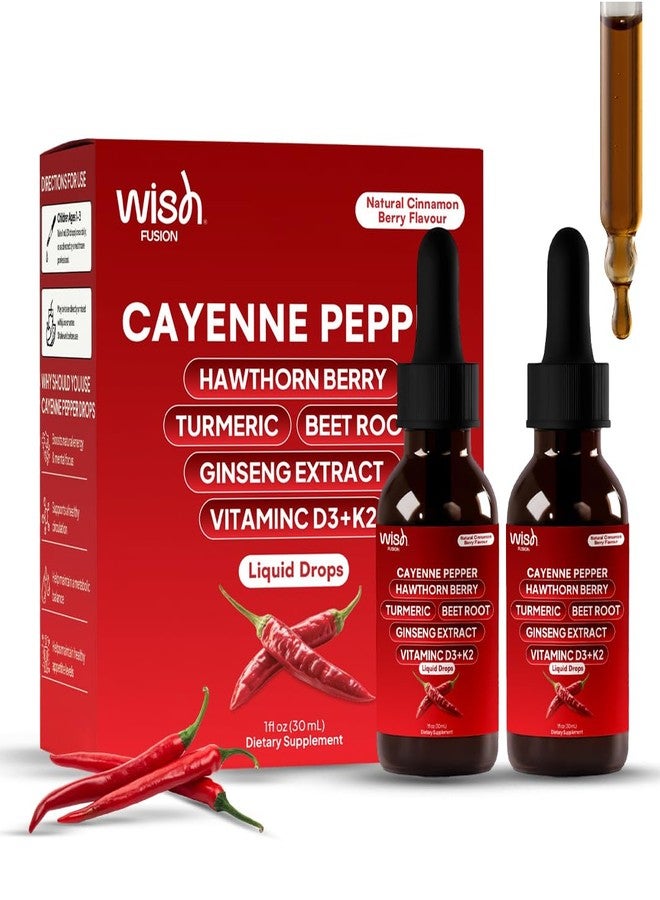 Wish Fusion قطرات فلفل كايين من ويش فيوجن مع توت الزعرور والكركم وجذر الشمندر والجنسنغ وفيتامين د3 + ك2، عبوة من قطعتين، قطرات فلفل كايين عضوية للرجال، تدعم الدورة الدموية والطاقة، فلفل كايين سائل - Image 1