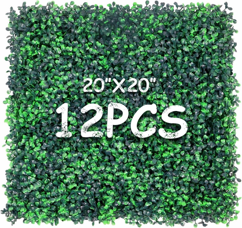 Decwin 12 Pieces 20” X 20” (33.3 Sq.Ft) Artificial Hedge Boxwood Panels UV Protected Boxwood Hedge Grass Wall Green Greenery Plant Mats Backdrop Panels for Indoor Garden Backyard Fence - Image 1