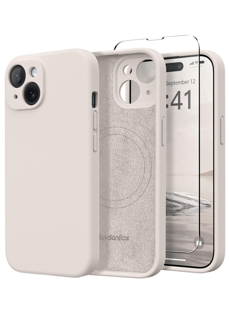 SUYDANBOX Magnetic for iPhone 15 Case, Compatible with MagSafe, [Screen Protector + Full Camera Protection], Silicone Shockproof Anti-Scratch Protective Phone Case for iPhone 15 6.1", Off White - Image 1