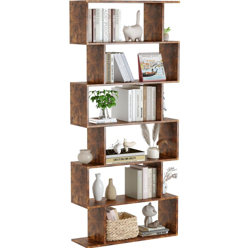 Yusong Geometric Bookcase Bookshelf 6Tier S Shaped Book Shelves for Bedroom Modern Wood Decorative Display Shelf Tall Book Case for Home Office Rustic Brown
