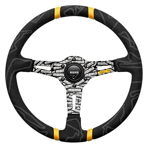 MOMO عجلة قيادة MOMO Motorsport Ultra Street سوداء بقبضة ميكروفايبر فاخرة، أنوديزد سوداء مع شعار، خطوط مركزية مزدوجة صفراء، 350 مم - Image 1
