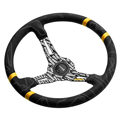 MOMO عجلة قيادة MOMO Motorsport Ultra Street سوداء بقبضة ميكروفايبر فاخرة، أنوديزد سوداء مع شعار، خطوط مركزية مزدوجة صفراء، 350 مم - Image 2