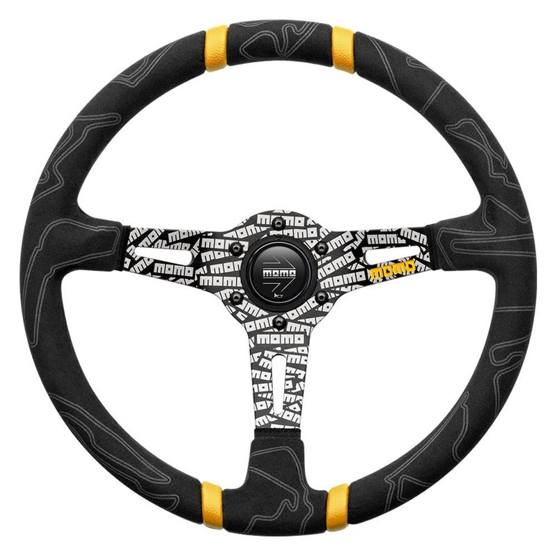 MOMO عجلة قيادة MOMO Motorsport Ultra Street سوداء بقبضة ميكروفايبر فاخرة، أنوديزد سوداء مع شعار، خطوط مركزية مزدوجة صفراء، 350 مم - Image 5