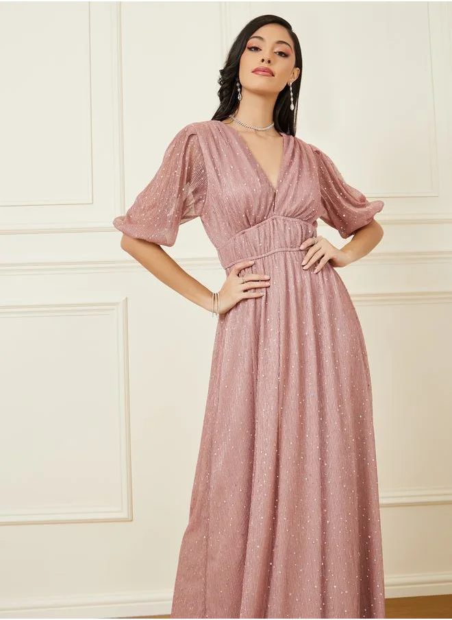 Styli Studded A-Line Maxi Dress with V Neck