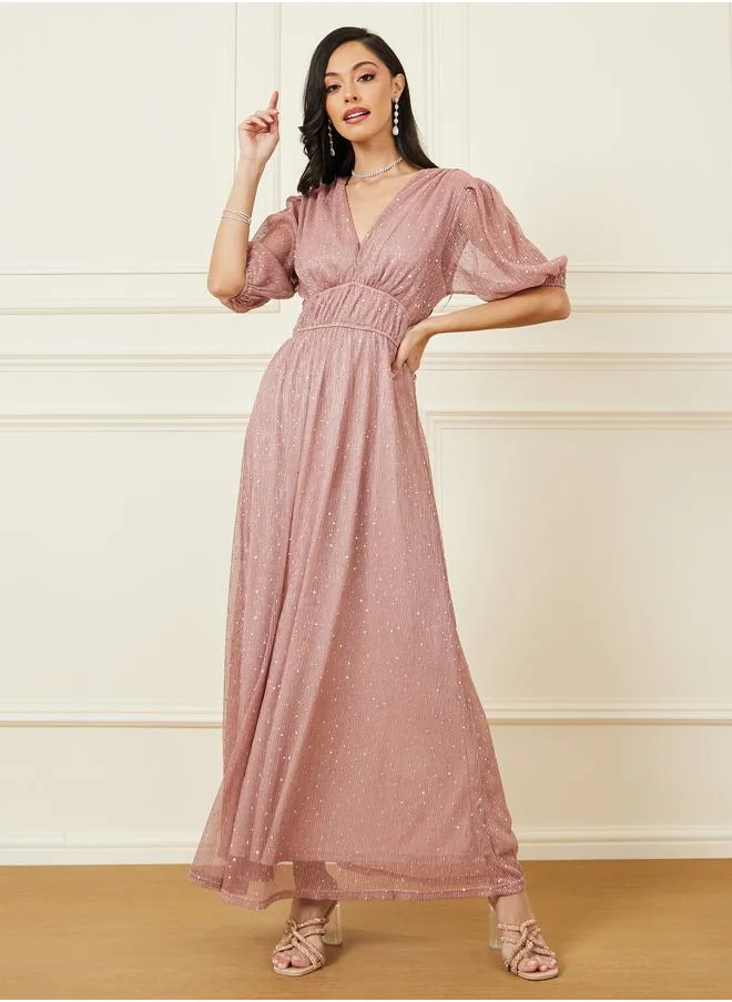 Styli Studded A-Line Maxi Dress with V Neck