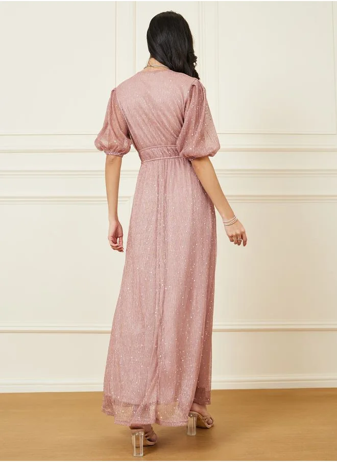 Styli Studded A-Line Maxi Dress with V Neck