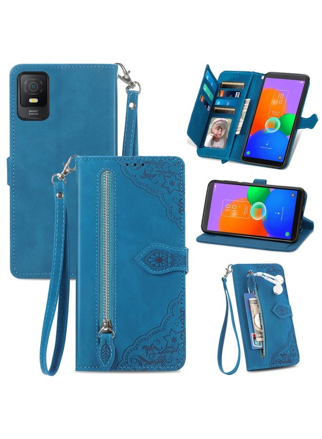 BGM Case Cover For TCL 403 Embossed Flower Zipper Leather Phone Case Blue