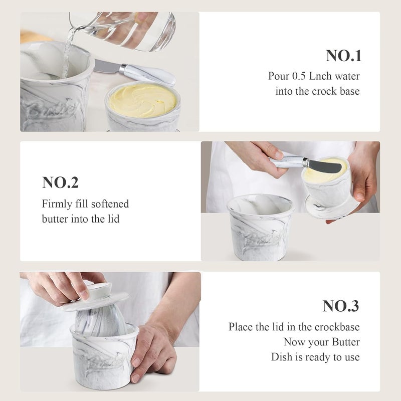 MSJGA Ceramic Butter Crock with Lid & Spreader Knife, Butter Keeper - Ideal Butter Storage & Countertop Butter Dish, Marble White - Image 4