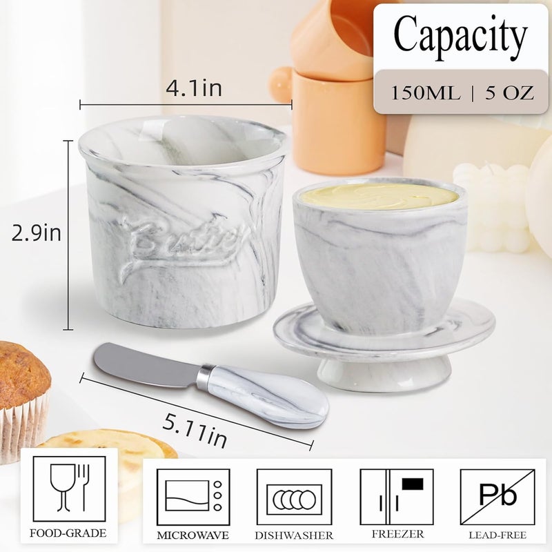 MSJGA Ceramic Butter Crock with Lid & Spreader Knife, Butter Keeper - Ideal Butter Storage & Countertop Butter Dish, Marble White - Image 2