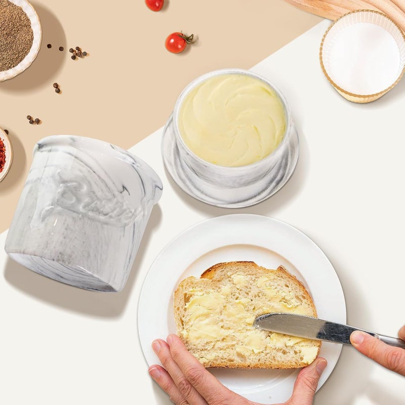 MSJGA Ceramic Butter Crock with Lid & Spreader Knife, Butter Keeper - Ideal Butter Storage & Countertop Butter Dish, Marble White - Image 5