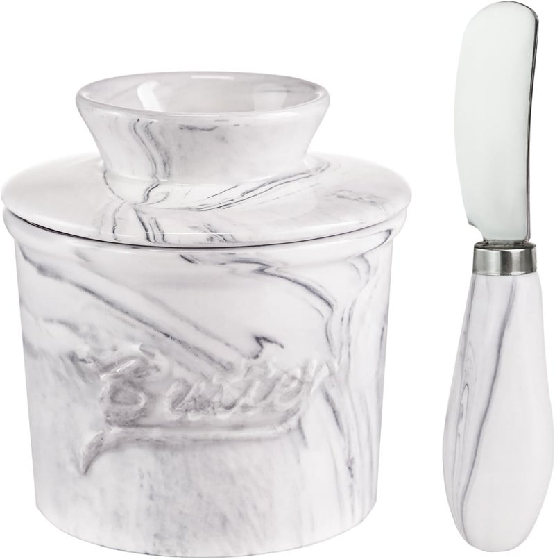 MSJGA Ceramic Butter Crock with Lid & Spreader Knife, Butter Keeper - Ideal Butter Storage & Countertop Butter Dish, Marble White - Image 1