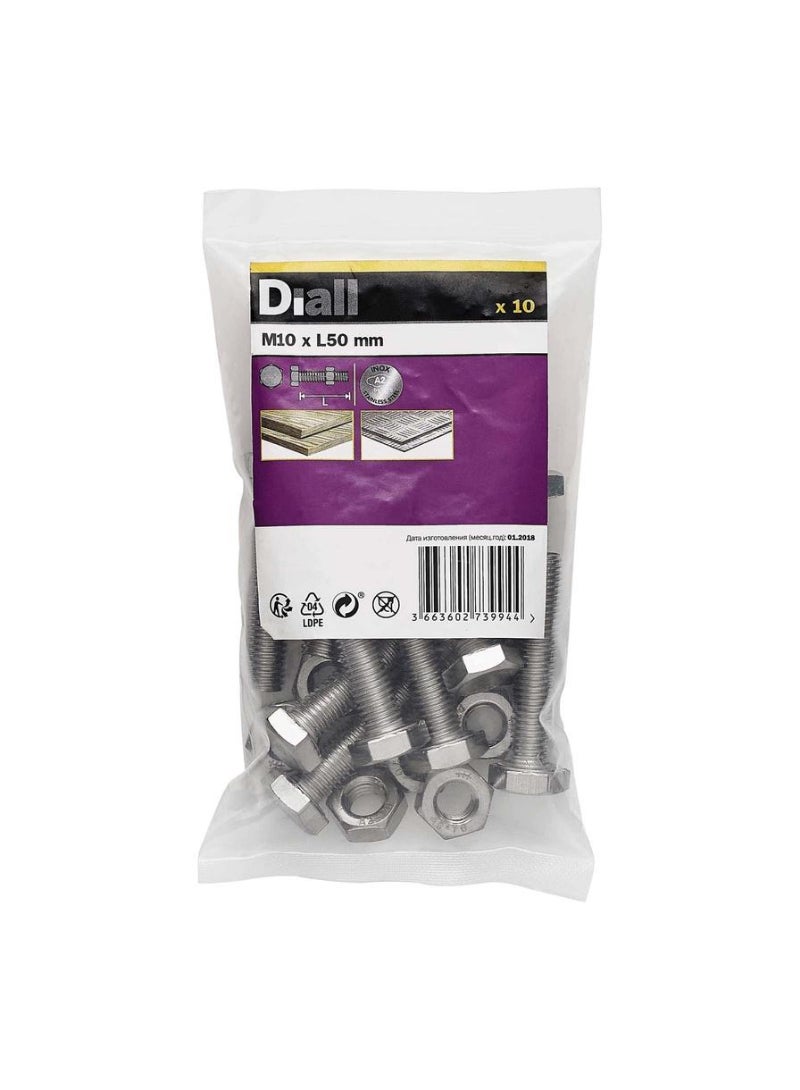 ACE Diall M10 Hex A2 Stainless Steel Bolt And Nut 50mm 10Pcs