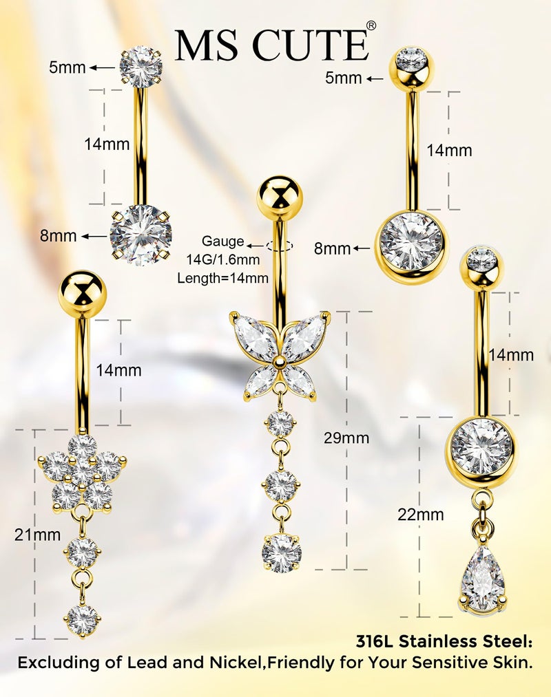 MS CUTE 5PCS Silver Belly Button Rings Set, 14G CZ Dangle Navel Piercing Jewelry with Butterfly Flower & Teardrop Designs, Stainless Steel Belly Rings for Everyday Style - Image 4