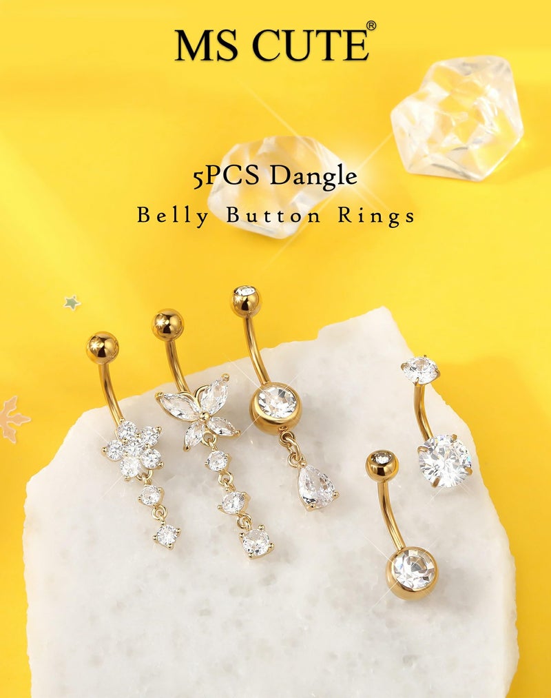 MS CUTE 5PCS Silver Belly Button Rings Set, 14G CZ Dangle Navel Piercing Jewelry with Butterfly Flower & Teardrop Designs, Stainless Steel Belly Rings for Everyday Style - Image 2