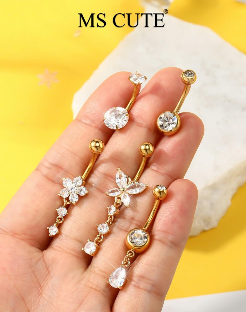 MS CUTE 5PCS Silver Belly Button Rings Set, 14G CZ Dangle Navel Piercing Jewelry with Butterfly Flower & Teardrop Designs, Stainless Steel Belly Rings for Everyday Style - Image 5