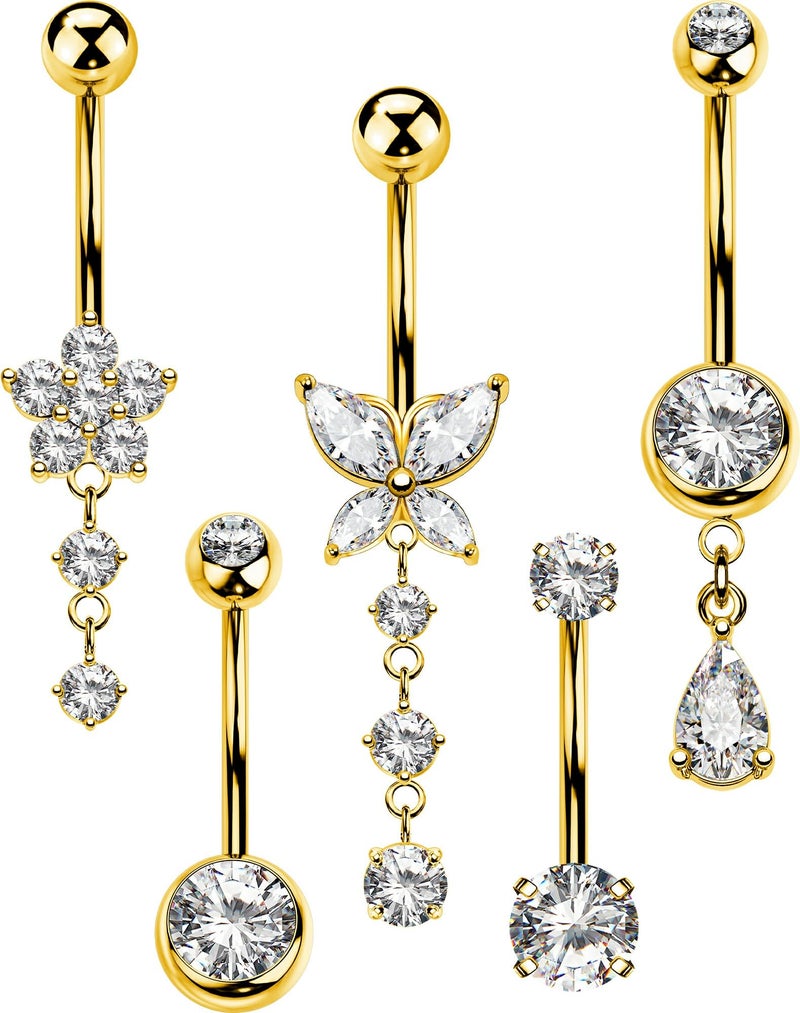MS CUTE 5PCS Silver Belly Button Rings Set, 14G CZ Dangle Navel Piercing Jewelry with Butterfly Flower & Teardrop Designs, Stainless Steel Belly Rings for Everyday Style - Image 1