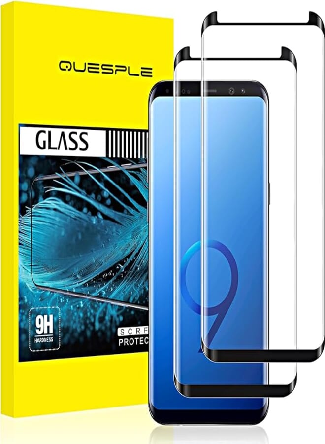 QUESPLE 2 Pieces Tempered Glass Screen Protector for Samsung Galaxy S9 5.8 Inches, 3D Full Coverage Screen Protector for Samsung Galaxy S9, 9H Hardness, Anti-Scratch, Bubble Free