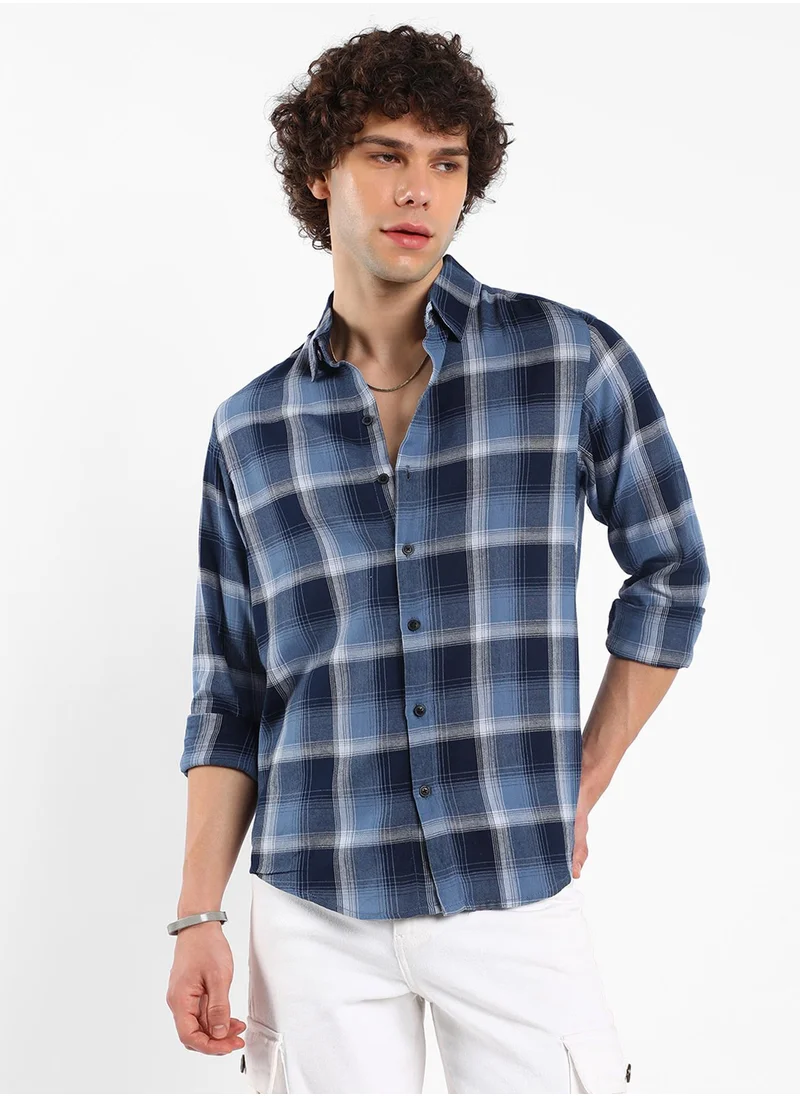 Campus Sutra Men's Navy Blue & Off-White Multi-Checkered Shirt