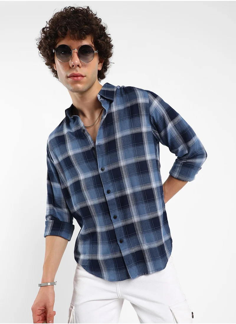 Campus Sutra Men's Navy Blue & Off-White Multi-Checkered Shirt