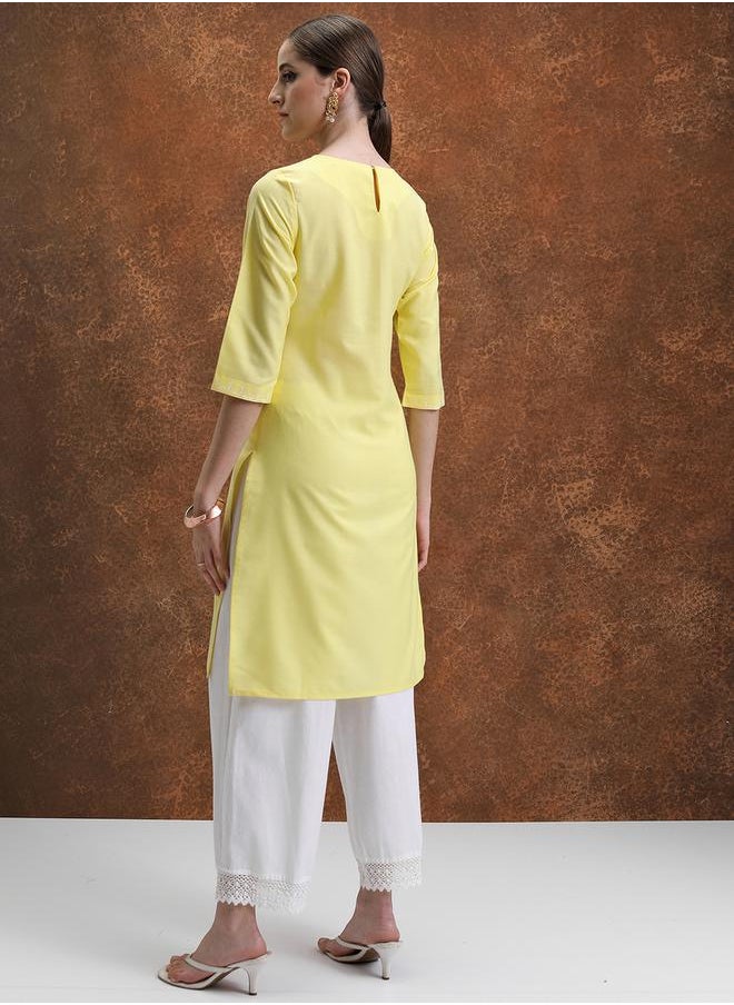 Vishudh Yellow Floral Yoke Design Thread Work Straight Kurta by Styli  - Image 3