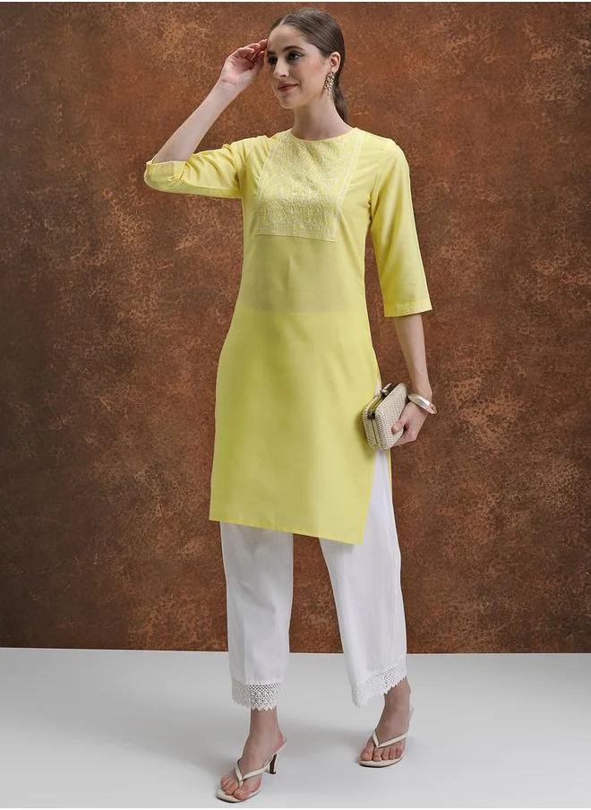 فيشود Yellow Floral Yoke Design Thread Work Straight Kurta by Styli