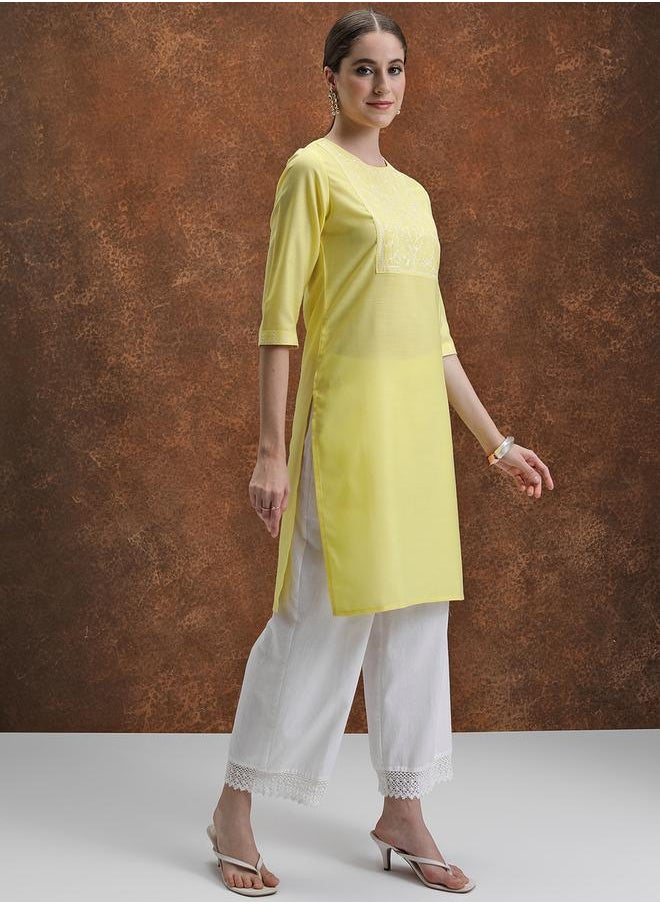Vishudh Yellow Floral Yoke Design Thread Work Straight Kurta by Styli  - Image 4