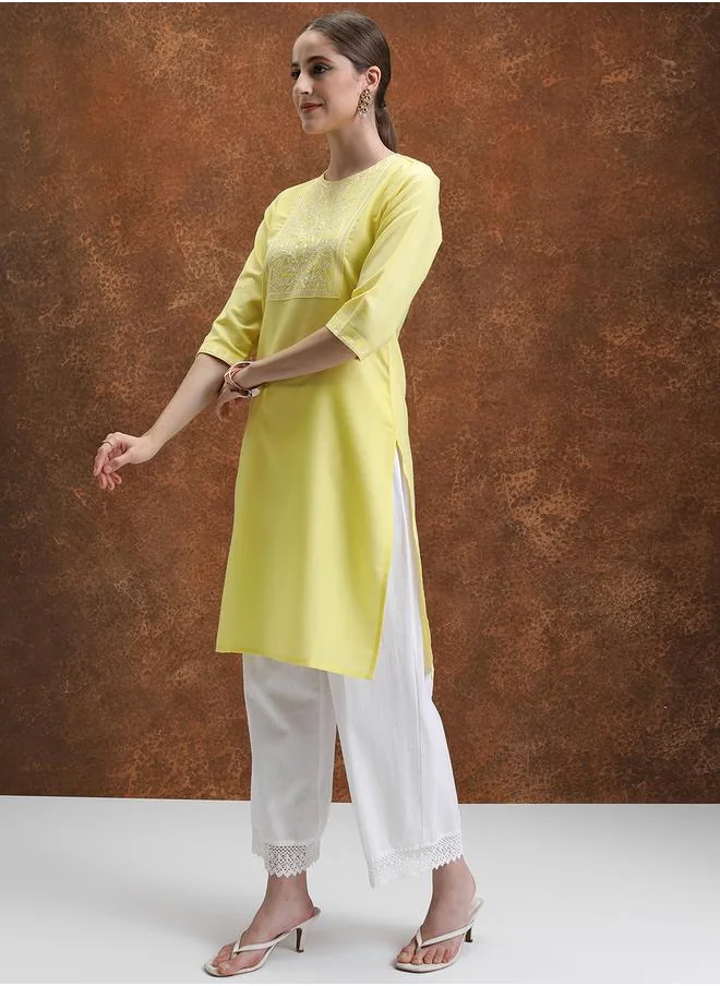 فيشود Yellow Floral Yoke Design Thread Work Straight Kurta by Styli