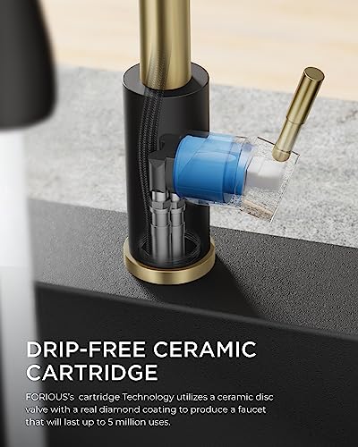 FORIOUS Kitchen Faucets with Pull Down Sprayer, High Arc Single Handle Classic Stainless Steel Sink Faucet 1 or 3 Hole, Suitable for Farmhouse Camper Laundry Rv Bar, Black Gold - Image 5