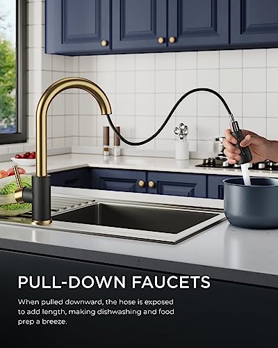 FORIOUS Kitchen Faucets with Pull Down Sprayer, High Arc Single Handle Classic Stainless Steel Sink Faucet 1 or 3 Hole, Suitable for Farmhouse Camper Laundry Rv Bar, Black Gold - Image 2