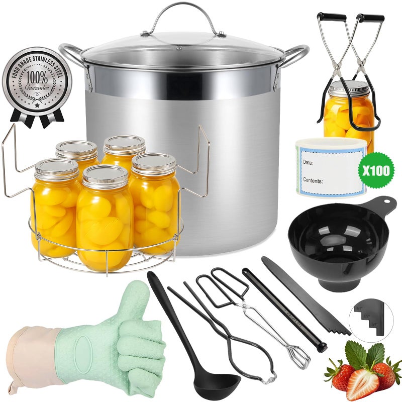 HOMKULA Stainless Steel Canning Pot with Rack and Lid Large Water Bath Canner Full Home Canning Supplies Starter Kit 205 Quarts Black