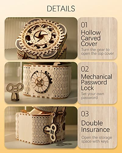 ROKR 3D Assembly Wooden Puzzle DIY Crafts Kit Fun Creative DIY Toy Treasure Box Brain Teaser Mechanical Engineering Model Building Kits Educational Toy Birthday Gift for Adults and Kids Age 14+ - Image 5