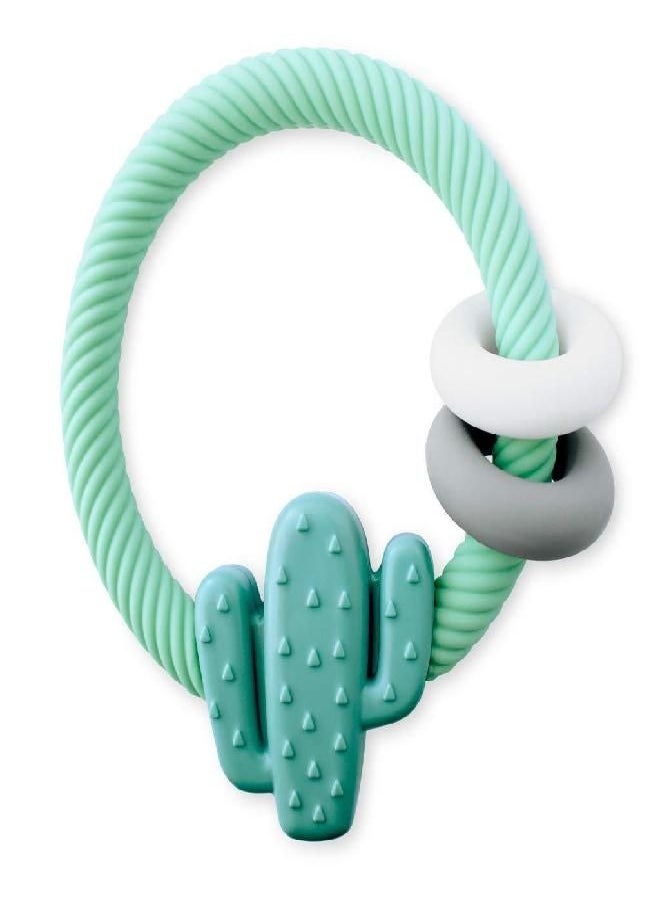 Itzy Ritzy - Itzy Ritzy Silicone Teether with Rattle; Features Rattle Sound, Two Silicone Rings and Raised Texture to Soothe Gums; Ages 3 Months and Up; Cactus - Image 1