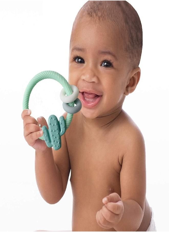Itzy Ritzy - Itzy Ritzy Silicone Teether with Rattle; Features Rattle Sound, Two Silicone Rings and Raised Texture to Soothe Gums; Ages 3 Months and Up; Cactus - Image 1