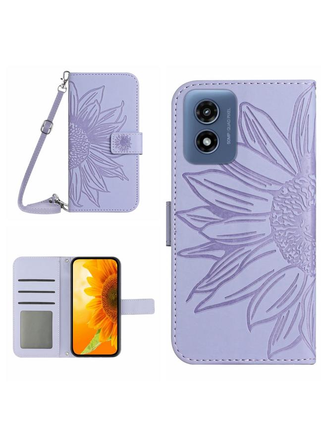 اس-توب جراب لهاتف Motorola Moto G Play 4G 2024 HT04 جراب هاتف جلدي قابل للطي منقوش عليه نقشة زهرة الشمس مع حبل تعليق - Image 1