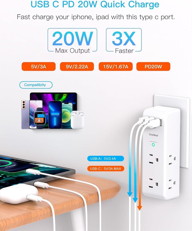 One Beat Surge Protector Outlet Extender with Rotating Plug, PD 20W, 6 AC Multi Plug Outlet with 3 USB Ports (1 USB C), 1800 Joules, 3-Sided Swivel Power Strip with Spaced Outlet Splitter for Office - Image 3