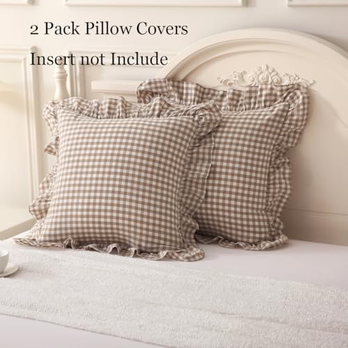 Silnuo 2 Pack Taupe/White Plaid Ruffle Throw Pillow Covers Farmhouse Checkered Chic Washed Cotton Pillowcases Gingham Pillow Shams for Bed, Sofa, Living Room-20"x20" - Image 3