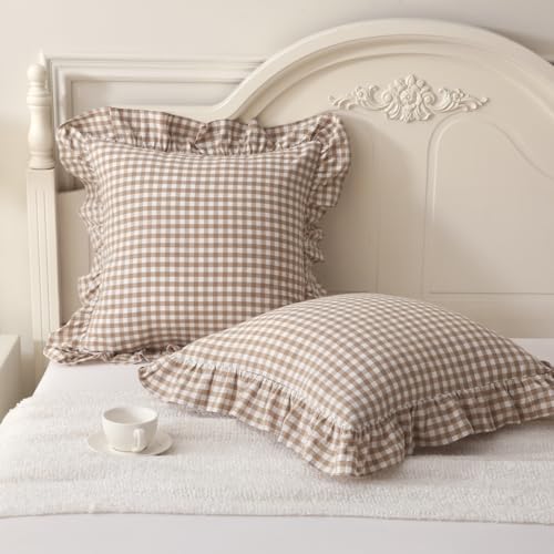 Silnuo 2 Pack Taupe/White Plaid Ruffle Throw Pillow Covers Farmhouse Checkered Chic Washed Cotton Pillowcases Gingham Pillow Shams for Bed, Sofa, Living Room-20"x20" - Image 1