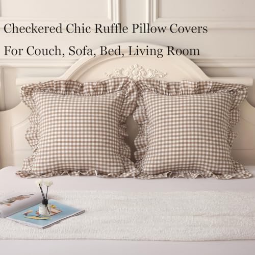 Silnuo 2 Pack Taupe/White Plaid Ruffle Throw Pillow Covers Farmhouse Checkered Chic Washed Cotton Pillowcases Gingham Pillow Shams for Bed, Sofa, Living Room-20"x20" - Image 2